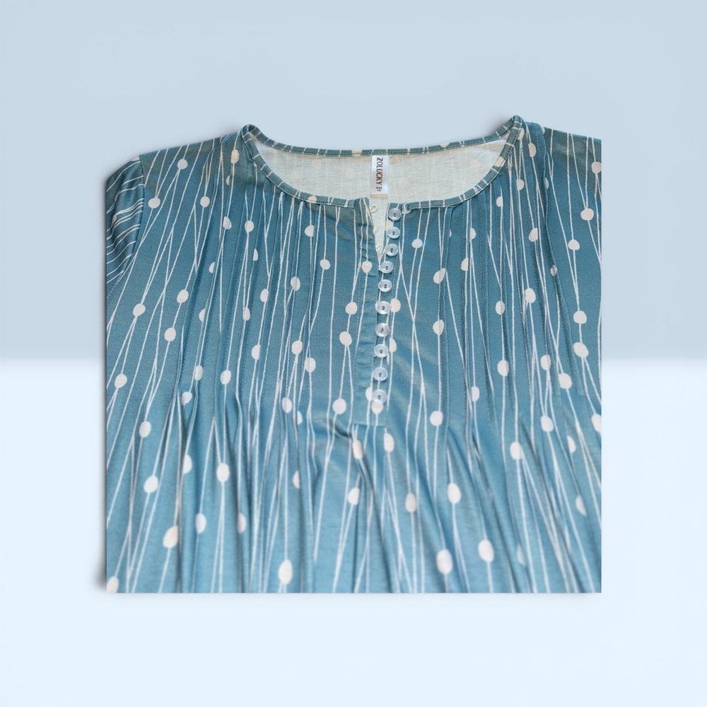 Zolucky Teal Blue Abstract Dotted Line Pleated Henley Bell Sleeve Blouse 1X EUC - Picture 6 of 7